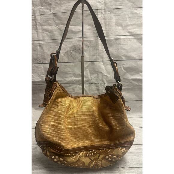 Fossil Handbags - Fossil Paisley Bottom Shoulder Bag Leather & Wood Trim Hobo Purse